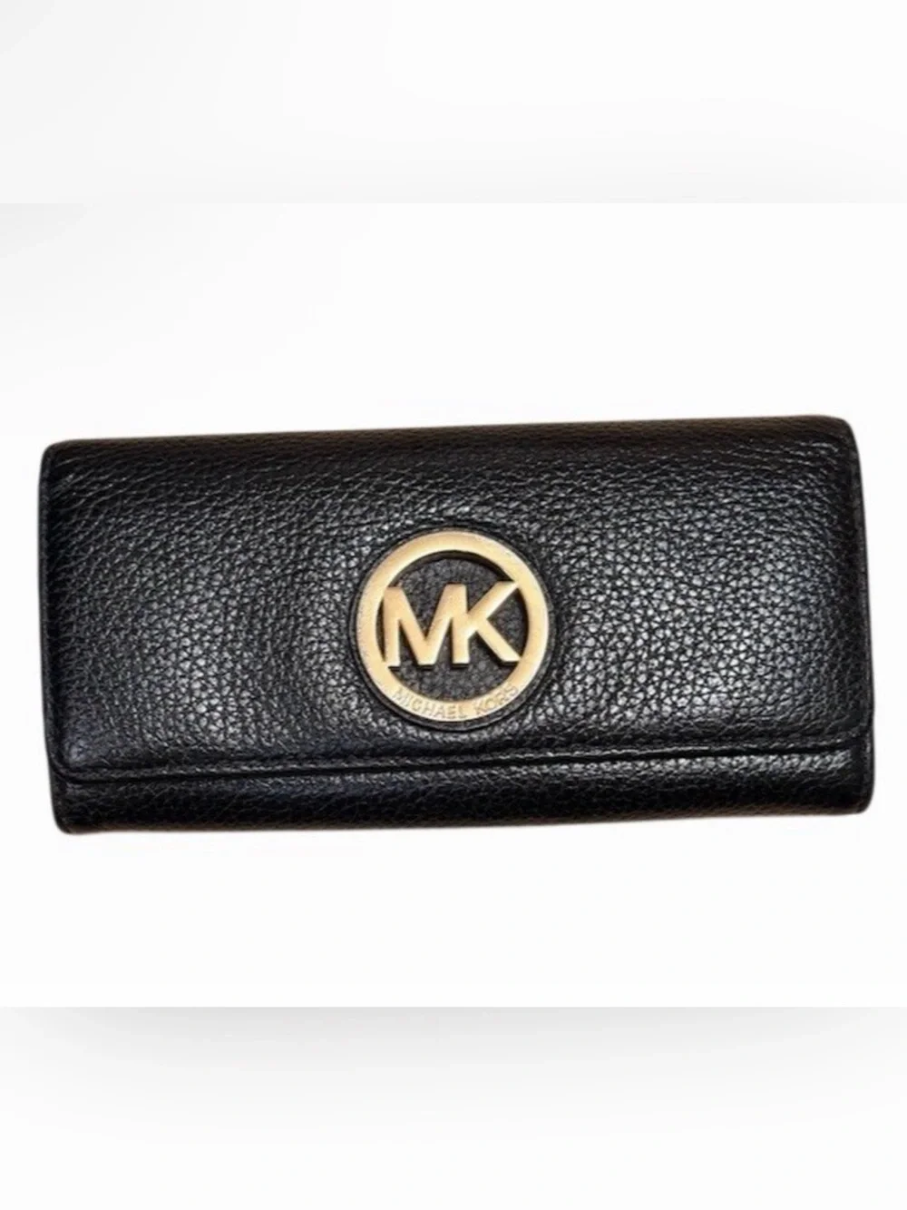 Michael Kors Black Leather Fulton Flap Continental Wallet Gold Tone